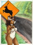 anthro biped black_nose blue_eyes breasts crossing_sign female jewelry navel necklace pendant planted_sign road road_sign sign solo wildlife_crossing_sign bigladydragon deer mammal 2020