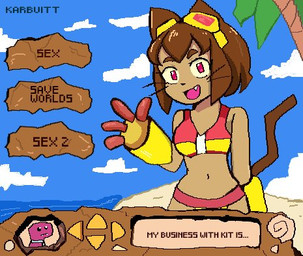 anthro beach bikini breasts clothing cloud curvy_figure cute_fangs eyewear eyewear_on_head fangs female gameplay_mechanics goggles goggles_on_head hair hourglass_figure interface magenta_eyes male navel palm_tree plant short_hair swimwear teeth tree two-piece_swimsuit whiskers karbuitt gameoverse glitch_productions gobbles_(gameoverse) kit_bodega dinosaur domestic_cat felid feline felis mammal prehistoric_species reptile scalie 2026 digital_media_(artwork) low_res