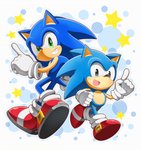 anthro big_eyes big_head black_eyes blue_body blue_fur clothing conjoined_eyes duo footwear fur gesture gloves green_eyes grin handwear male open_mouth open_smile shoes smile square_crossover toony nell_two classic_sonic_(universe) sega sonic_the_hedgehog_(series) classic_sonic sonic_the_hedgehog eulipotyphlan hedgehog mammal 2017