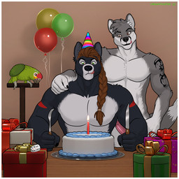 anthro arm_tattoo balloon birthday border braided_hair braided_ponytail cake candle clothing dessert duo erection food genitals gift hair hat headgear headwear inflatable male male/male party_hat penis ponytail tattoo tongue tongue_out white_border corvuspointer brian_hart gogowolf amazon_parrot avian bird canid canine canis mammal neotropical_parrot parrot true_parrot wolf 1:1 hi_res