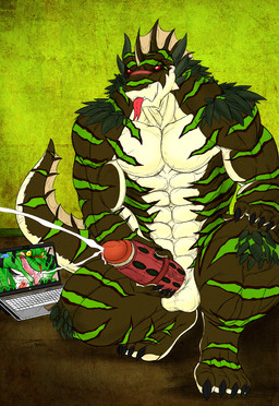 abs anthro balls bodily_fluids brown_body computer crouching cum cumshot ejaculation electronics forked_tongue frill_(anatomy) front_view genital_fluids genitals glistening glistening_eyes green_markings green_stripes head_crest head_frill humanoid_genitalia humanoid_penis laptop male markings masturbation mouth_closed muscular muscular_anthro muscular_male nude pecs penile penile_masturbation penis pupils red_eyes red_penis slit_pupils solo striped_arms striped_legs striped_markings striped_tail stripes tail tail_markings tan_frill tongue tongue_out white_balls white_body crazydrak mythology unktehila dragon mythological_creature mythological_scalie scalie hi_res