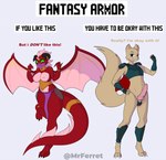 accessory animal_genitalia animal_penis anthro armor breasts canine_genitalia canine_penis dialogue duo embarrassed erection female fur furgonomics genitals jewelry leather leather_armor male nipple_piercing nipples penis piercing pink_body pink_scales red_body red_scales ring scales tail tail_accessory tail_jewelry tail_ring tan_body tan_fur text unconvincing_armor mrferret mythology elodrea_(jackwolf) jack_(jackwolf) canid canine canis dragon hybrid mammal mythological_creature mythological_scalie scalie wolf absurd_res english_text hi_res meme