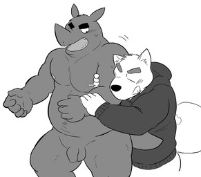 anthro balls blush bodily_fluids clothing duo flaccid genitals hoodie horn humanoid_genitalia humanoid_hands humanoid_penis kemono male moobs nipples overweight overweight_male penis simple_background sweat topwear white_background kick_(artist) mammal rhinoceros 2015 monochrome