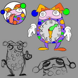 :3 ambiguous_gender biped blue_spots clock clothing floating_hands fool's_hat front_view gloves green_spots grey_background handwear hat headgear headwear markings narrowed_eyes orange_clothing orange_hat orange_headwear orange_spots pink_face pink_tongue raised_finger red_spots roman_numeral sad simple_background solo spiral spiral_eyes spots spotted_body standing tongue tongue_out white_clothing white_gloves white_handwear thehowlord glitch_productions the_amazing_digital_circus bizco_(tadc) animate_inanimate egg_creature humanoid living_toy 1:1 concept_art digital_drawing_(artwork) digital_media_(artwork) english_description full-length_portrait headshot_portrait hi_res official_art partially_colored portrait sketch