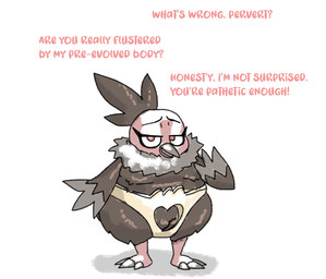 anthro beak clothed clothing degradation dialogue eyelashes feathers female genitals hole_in_underwear loli looking_at_viewer mesugaki pedophilia_humiliation red_eyes simple_background solo text vulva wings young sneakydickey nintendo pokemon generation_5_pokemon pokemon_(species) vullaby digital_media_(artwork) english_text