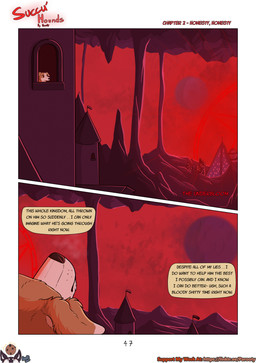 ambiguous_feral ambiguous_gender castle city feral floppy_ears hell looking_out_window mountain outside planet rock sad solo text thought_bubble parooty mey_(parooty) australian_shepherd canid canine canis demon domestic_dog herding_dog mammal pastoral_dog sheepdog succubus absurd_res comic english_text hi_res female_(lore)