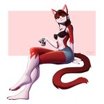 anthro barefoot beverage_can black_bra black_clothing black_underwear bottomwear bra breasts brown_hair claws clothing denim denim_bottomwear denim_clothing denim_shorts feet female fur green_eyes hair holding_object inner_ear_fluff looking_at_viewer pawpads pink_nose pink_pawpads plantigrade red_body red_fur shorts simple_background sitting smile smirk solo tail tuft underwear white_body white_fur dany-j domestic_cat felid feline felis mammal 1:1 absurd_res hi_res
