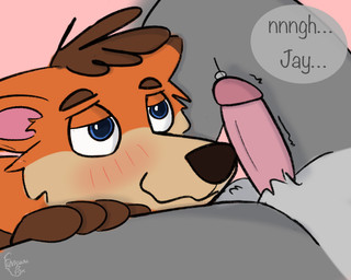 anthro bodily_fluids crotch_sniffing duo erection genital_fluids looking_at_another male male/male precum sniffing flamsical_fox canid canine canis fox mammal wolf hi_res