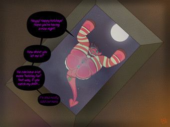 against_surface anthro anus ass_on_glass butt christmas_clothing clothing dialogue female genitals glass holidays hooves horn on_glass presenting presenting_hindquarters solo tail vulva asizeimock christmas thrice_(asizeimock) demon imp succubus 4:3 absurd_res hi_res