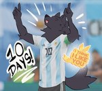 anthro argentina athletic athletic_anthro athletic_male awoo black_body black_fur canid canine canis clothing english_text eyes_closed fur gesture hand_gesture herutastic i_think_i_like_you leon_(i_think_i_like_you) lionel_messi male male_anthro mammal mixed_media monotone_body monotone_fur photo_manipulation photography_(artwork) pointing pointing_up soccer_jersey soccer_player soccer_uniform solo sportswear standing text uniform wolf