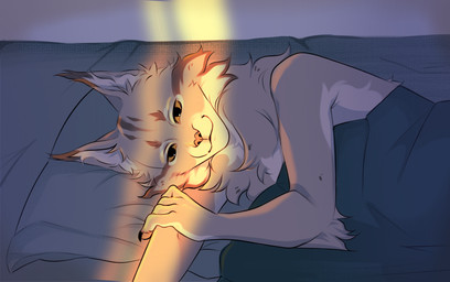 anthro bed bedding bedroom blanket clothed clothing detailed_background fur furniture grey_body grey_fur grey_hair hair light light_beam looking_at_viewer lying male on_side pillow smile solo sunbeam sunlight topless yellow_eyes blackfaun disney zootopia pawbert_lynxley canada_lynx felid feline lynx mammal hi_res