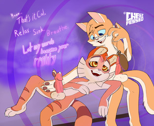 3_toes anthro anthro_on_anthro bodily_fluids brainwashing clock dialogue dripping drooling duo erection eyewear feet genital_fluids genitals glasses glowing glowing_eyes holding_pocketwatch hypnosis male male/male mind_control open_mouth open_smile penis pocketwatch precum precum_drip relaxing ringed_eyes saliva smile spiral swinging_watch text throbbing throbbing_penis toes watch cheezfessed lackadaisy alex_dawson calvin_mcmurray domestic_cat felid feline felis mammal absurd_res english_text hi_res