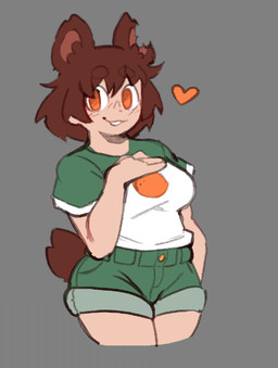 animal_ears bottomwear breasts brown_ears brown_eyebrows brown_hair brown_tail button_(fastener) circle_eyebrows clothed clothed_female clothed_humanoid clothing denim denim_bottomwear denim_clothing denim_shorts eyebrow_through_hair eyebrows female female_humanoid front_view green_bottomwear green_clothing green_shorts grey_background hair heart_symbol human_and_animal_ears light_body light_skin multi_ear notched_ear orange_eyes shirt shorts simple_background smile solo t-shirt tail topwear translucent translucent_hair white_sclera derpyfox_36 soda_(derpyfox_36) animal_humanoid bear humanoid mammal mammal_humanoid ursid_humanoid 2023 digital_drawing_(artwork) digital_media_(artwork) portrait three-quarter_portrait