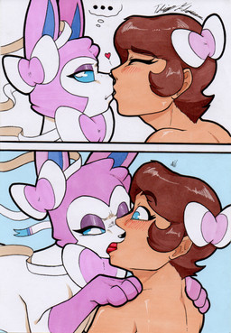 aggressive_kissing ambiguous_gender bestiality bestiality_kiss blue_sclera blush bodily_fluids dominant dominant_feral duo feral french_kissing interspecies kissing male open_mouth pokephilia saliva simple_background tongue tongue_out white_background rotten_owl nintendo pokemon eeveelution generation_6_pokemon human mammal pokemon_(species) sylveon absurd_res comic hi_res traditional_media_(artwork)