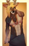 anthro antlers fur hair horn male navel nipples smile solo standing teeth towel dyaniful deer mammal hi_res