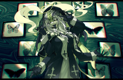 4_arms antennae_(anatomy) black_body black_clothing black_dress black_exoskeleton black_sclera black_tongue black_veil braided_hair breasts cigarette clothing cross dress exoskeleton female finger_gun gesture green_eyes green_hair hair halo hand_gesture holding_cigarette holding_object inverted_cross looking_at_viewer multi_arm multi_limb nun_veil open_mouth picture_frame piercing smoke solo tongue tongue_out tongue_piercing veil white_hair egocider vtuber juniper_actias animal_humanoid arthropod arthropod_humanoid humanoid insect insect_humanoid lepidopteran lepidopteran_humanoid moth_humanoid absurd_res chromatic_aberration hi_res letterbox