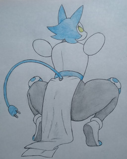 anthro butt crouching electrical_plug_tail female machine rear_view solo perrox broly_culo deltarune undertale_(series) tasque_manager darkner felid feline mammal robot 2022 absurd_res hi_res meme traditional_media_(artwork)