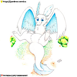 3_toes belly blue_eyes claws feet female feral fur grass looking_at_viewer patreon_logo patreon_username paws plant presenting_belly sitting sitting_on_another smile smiling_at_viewer solo spread_legs spreading text toes white_body white_fur wings yordraw mythology palworld patreon pocketpair dragon mythological_creature mythological_scalie pal_(species) quivern scalie 1:1 hi_res painting_(artwork) traditional_media_(artwork) traditional_painting_(artwork) url