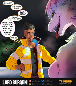alternate_species anthro black_sclera breasts clothing dialogue duo female glowing glowing_eyes implied_transformation jacket jewelry male necklace open_mouth shirt smile speech_bubble teeth text tongue topwear lordburqan cyberpunk_edgerunners mythology david_martinez lucy_(cyberpunk_edgerunners) rebecca_(cyberpunk_edgerunners) canid canine human mammal mythological_canine mythological_creature werecanid werecanine werecreature werewolf english_text hi_res