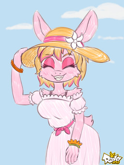anthro blonde_hair clothing dress female hair highlights_(coloring) innocent_expression pink_body pink_highlights solo summer_hat evil_rida milky_rivas lagomorph leporid mammal rabbit vampire hi_res