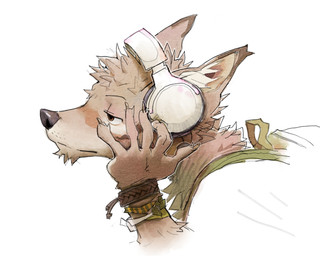 5_fingers anthro armband black_nose brown_body brown_face brown_fur brown_hands chin_tuft claws electronics facial_tuft fingers fur head_tuft headphones inner_ear_fluff listening_to_music looking_away male multicolored_ears neck_tuft side_view simple_background solo tuft white_background zunkee canid canine canis mammal wolf 2026 5:4 headshot_portrait hi_res portrait