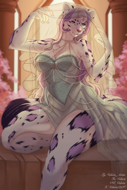 anthro bangs black_markings blue_clothing blue_dress blue_eyes chest_tuft claws clothed clothing dress female fluffy fluffy_tail fur hair inside jewelry long_hair markings multicolored_hair off_shoulder pink_nose purple_hair purple_markings sitting solo tail tuft two_tone_hair white_body white_claws white_fur white_hair valeris felid mammal pantherine snow_leopard 2025 colored digital_drawing_(artwork) digital_media_(artwork) hi_res shaded