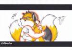 2_tails anthro cuddling duo glowing hug male multi_tail simple_background tail glowfox felipe_rinehart glowfox_(character) canid canine mammal digital_media_(artwork) mixed_media traditional_media_(artwork)