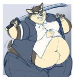 absurd_res anthro belly big_belly big_butt blue_background bottomwear brown_body brown_fur butt button_(fastener) canid canine canis captainjusticevirtsuoso chubby_cheeks clenched_teeth clothed clothing domestic_dog double_chin facial_scar fur hi_res holding_melee_weapon holding_object holding_sword holding_weapon jacket katana lifewonders male mammal melee_weapon moobs moritaka_(tas) navel obese obese_anthro obese_male open_bottomwear open_clothing open_jacket open_pants open_topwear overweight overweight_anthro overweight_male pants scar simple_background solo straining_buttons sword teeth thick_thighs tokyo_afterschool_summoners topwear underwear weapon white_body white_fur wide_hips