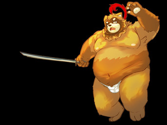 anthro armpit_hair asian_clothing belly big_belly black_background body_hair bulge clothing east_asian_clothing fundoshi japanese_clothing kemono male moobs nipples overweight overweight_male simple_background solo underwear weapon white_clothing white_fundoshi white_underwear retancoo canid canine mammal raccoon_dog tanuki 2026