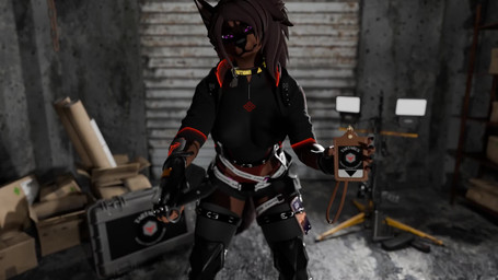 ak-12 anthro arm_guards assault_rifle badge bayonet blinking bodysuit brown_body brown_fur clothing collar dog_tags electronics female fingerless_gloves floodlight fur garage_door gloves glowing glowing_clothing glowing_eyes glowing_tattoo gun handwear holding_knife holding_object interrogation jacket knee_pads knife legwear looking_at_viewer messy_room phone pink_eyes pointing_weapon_at_viewer ranged_weapon rifle skinsuit solo straps streetwear tail tail_motion tailwag tattoo techwear thigh_highs tight_clothing topwear weapon womb_tattoo retro_raptor foxipaws_(modeler) kuvora canid canine canis dobermann domestic_dog mammal pinscher 3d_(artwork) 3d_animation animated blender_(artwork) blender_cycles_(artwork) digital_media_(artwork) hi_res short_playtime video