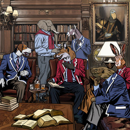 5_fingers alcohol anthro arm_support beverage black_body black_fur book bookshelf bottle brown_body brown_fur chair clothed clothing clothing_around_neck collared_shirt container cup dress_shirt fingers footwear fully_clothed fur furniture globe grey_body grey_fur group hand_on_leg holding_book holding_object humanoid_hands inside jacket lamp leaning_on_elbow legwear long_ears looking_aside looking_at_another male necktie open_mouth open_smile painting_(object) proboscis_(anatomy) shirt shoes sitting smile socks stack standing table topwear trunk_(anatomy) tusks whiskers white_body white_fur billmund creatures_of_the_night dodger_(creatures_of_the_night) asinus canid canine donkey elephant elephantid equid equine fox lagomorph leporid mammal proboscidean rabbit reptile scalie turtle 1:1 hi_res
