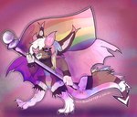 anthro bat_nose big_ears blonde_hair blue_hair blue_sclera blue_teeth brown_body brown_fur claws flag flag_(object) fur hair holding_flag holding_object horn lgbt_pride membrane_(anatomy) membranous_wings pink_eyes pink_hair pride_color_flag pride_colors rainbow_pride_colors rainbow_symbol scaled_legs scales simple_background six-stripe_rainbow_pride_colors solo spade_tail spiked_tail spikes spikes_(anatomy) tail tail_scales teeth tipped_ears underbite ventral_scales white_hair wings carlarzall wanderlust_(carlarzall) monster 2022 digital_media_(artwork) hi_res