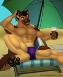 4_toes 5_fingers abs anthro athletic athletic_anthro athletic_male beach beach_chair beach_umbrella beverage black_nose brown_body brown_fur clothed clothing container cup day eyewear feet fingers fur hair holding_object inner_ear_fluff looking_sideways lying male multicolored_body muscular muscular_anthro muscular_male navel neck_tuft on_back outside parasol pawpads pecs purple_clothing purple_swimwear purple_underwear red_eyes red_hair seaside simple_background smile solo spread_legs spreading sunglasses swimwear tan_body tan_fur toes topless tuft two_tone_body underwear rebel_nightwolfe dayji_(talldoggo) canid canine canis domestic_dog german_shepherd herding_dog mammal pastoral_dog 2022 hi_res