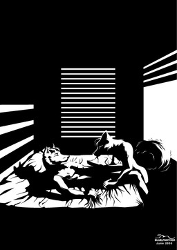 anthro bed black_background bodily_fluids cum cum_string duo erection fellatio furniture genital_fluids genitals inside male male/male male_penetrated male_penetrating male_penetrating_male nude on_bed oral penetration penile penis sex simple_background tail text white_background blue_panther canid canine mammal 2008 artist_name black_and_white dated digital_drawing_(artwork) digital_media_(artwork) high_contrast line_art monochrome
