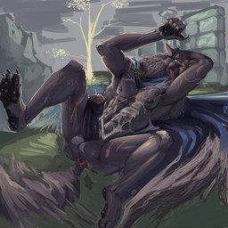 5_fingers 5_toes abs anthro anus balls biped black_penis bodily_fluids butt cape claws clothing cum cum_on_belly cum_on_body cum_on_chest cum_on_self ejaculation erection eye_roll facial_scar feet finger_claws fingers foreskin fur genital_fluids genital_piercing genitals glans grey_balls grey_body grey_fur hands-free humanoid_genitalia humanoid_penis lying male muscular muscular_anthro muscular_male nipples on_back outside pawpads pecs penis penis_piercing piercing pink_anus pink_glans plant plantigrade prince_albert_piercing scar scars_all_over solo tail tail_motion tailwag toe_claws toes tongue tongue_out tree velrizoth elden_ring fromsoftware blaidd_(elden_ring) canid canine canis mammal wolf 1:1 2022 absurd_res digital_media_(artwork) hi_res