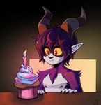 2_horns areola birthday black_hair cake candle claws cupcake curved_horn dark dessert fangs finger_claws food fur hair horn humanoid_pointy_ears purple_body purple_eyes purple_fur smile snaggle_tooth solo teeth wide_eyed yellow_sclera naughtyjester jessie_(lapinbeau) faun monster satyr hi_res