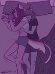 anthro bed bedding belly black_hair blanket body_hair claws clothed clothing cuddling duo ear_piercing footwear fur furniture hair happy_trail hug long_hair looking_at_another lying lying_on_bed male male/male on_bed piercing pillow purple_background raised_clothing raised_topwear romantic romantic_couple simple_background smile socks spooning tail text topwear underwear wavy_hair whiskers andyfurfulz andy_(andyfurfulz) cass_(andyfurfulz) animal_humanoid canid canid_humanoid canine canine_humanoid canis cat_humanoid domestic_cat domestic_dog felid felid_humanoid feline feline_humanoid felis humanoid mammal mammal_humanoid absurd_res digital_drawing_(artwork) digital_media_(artwork) english_text hi_res signature nonbinary_(lore) trans_(lore) trans_man_(lore)