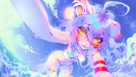 ahoge anthro bangs bikini blue_bikini blue_clothing blue_hair blue_swimwear breasts clothing cloud day eyelashes female fur hair inner_ear_fluff long_hair looking_at_viewer markings navel open_mouth open_smile pink_nose red_markings sky slim small_breasts smile solo swimwear tuft two-piece_swimsuit white_body white_fur yellow_eyes rakimou canid canine canis domestic_dog mammal 2026 colored digital_drawing_(artwork) digital_media_(artwork) hi_res shaded