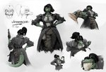 anthro breasts clothing coat fantasy female front_view green_body grin grinning_at_viewer gun hair handgun hands_on_hips high-angle_view human_teeth long_coat low-angle_view machete melee_weapon multiple_angles non-mammal_breasts pistol ponytail ranged_weapon rear_view smile solo topwear weapon yellow_eyes mikelocesterlanders scalie absurd_res hi_res meme model_sheet