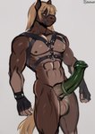 abs animal_genitalia animal_penis anthro big_penis blonde_hair bodily_fluids brown_body brown_fur clothing equine_genitalia equine_penis erection fingerless_gloves front_view fur genital_fluids genitals gloves green_penis hair handwear harness male muscular muscular_anthro muscular_male nude pecs penis precum solo zetsuboucchi equid equine horse mammal hi_res