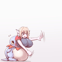 abdominal_bulge ambiguous_gender ambiguous_pred belly big_breasts blonde_hair blue_body blush bodily_fluids breasts cape chibi cleavage clothed clothing crying duo ear_fins erect_nipples female female_prey feral feral_pred fin footwear hair hat headgear headwear huge_breasts nipples one-piece_swimsuit partially_inside red_eyes shoes simple_background size_difference smaller_pred swimwear tail tears vore white_background white_body white_skin 57mm mana_(series) square_enix trials_of_mana succube animal_humanoid aquatic aquatic_humanoid fish fish_humanoid humanoid pakkun_(mana) reptile scalie 1:1 hi_res