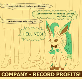 after_transformation ambiguous_gender bow_tie brown_body brown_fur business business_attire businesswear chest_tuft clothed clothing dialogue female feral footwear fur green_body green_fur group head_leaf high_heels implied_transformation inner_monologue leaf leaf_tail male offscreen_character partially_clothed shoes sitting size_difference speech_bubble standing tail tan_body tan_fur text thinking thought_bubble tuft naximi-art nintendo pokemon canid eeveelution generation_4_pokemon human leafeon mammal pokemon_(species) english_text hi_res signature
