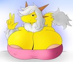 anthro areola areola_slip big_breasts breasts cleavage clothed clothing female hair huge_breasts solo tail white_hair yellow_body gigardrawz mythology raea_(gigar) dragon mythological_creature mythological_scalie scalie hi_res