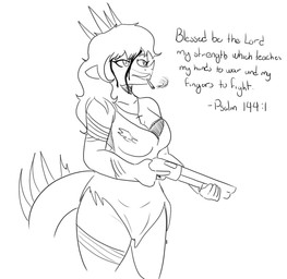 anthro bible_verse blood bodily_fluids bra breasts cigarette cigarette_in_mouth cleavage clothed clothing cosplay cross cross_necklace crossover_cosplay dialogue dress eyelashes facial_horn female gun hair head_spikes holding_gun holding_object holding_ranged_weapon holding_shotgun holding_weapon horn jewelry long_hair long_tail necklace nose_horn object_in_mouth ranged_weapon shotgun smoking smoking_cigarette solo spiked_tail spikes spikes_(anatomy) tail text torn_clothing torn_dress underwear weapon arsenic_iii cavemanon_studios goodbye_volcano_high ko_op_(game_developer) project_zomboid snoot_game the_indie_stone rosa_(gvh) aquilops ceratopsian dinosaur marginocephalian ornithischian prehistoric_species reptile scalie 2024 crossover english_text hi_res monochrome