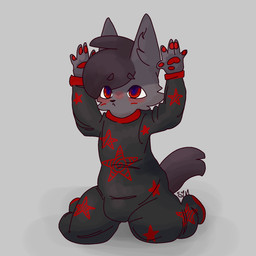 ambiguous_gender anthro black_body black_fur black_hair blush clothed clothing diaper diaper_bulge diaper_under_clothing eyebrows footed_sleeper frown fur grey_hair hair looking_up markings onesie pawpads red_eyes red_markings red_pawpads solo tail toddler uppies wearing_diaper young young_anthro rhapsody_tenrai rhapsody_tenrai_(character) canid canine canis mammal wolf 1:1 2026 digital_drawing_(artwork) digital_media_(artwork) hi_res signature