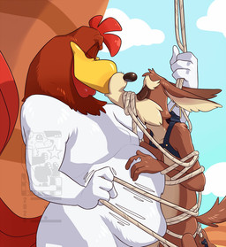 anthro anthro_on_anthro black_nose brown_body brown_fur duo eyes_closed fur harness interspecies kissing male rope white_feather eclipticafusion looney_tunes warner_brothers foghorn_leghorn wile_e._coyote avian bird canid canine canis chicken coyote galliform mammal phasianid