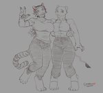 anthro bottomwear clothing duo female gesture hand_gesture hover_hand pants pawpads sleeveless_shirt sweater topwear turtleneck v_sign cerebropodrido esmeralda_(cerebro) felid lion mammal pantherine tiger 2021 greyscale hi_res monochrome