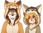 anthro blush brown_body brown_fur clothing duo flushed fur hair hoodie kigurumi long_hair male one_eye_closed onesie orange_body orange_fur tongue tongue_out topwear wink robogooey torkle ailurid canid canine canis coyote domestic_dog hybrid mammal red_panda shiba_inu spitz absurd_res hi_res