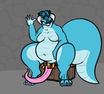 anthro belly big_belly big_tail blue_body blue_scales blue_skin breasts digitigrade dungeon female gesture grey_background horn imminent_rape lock long_tail long_tongue motion_lines navel overweight overweight_anthro overweight_female potbelly scales simple_background sitting sitting_on_chest smile solo solo_focus stone_wall tail teeth thick_thighs tongue tongue_out unaware wall_(structure) waving autumz mythology cassel_(autumz) animate_inanimate dragon mimic mimic_chest mythological_creature mythological_scalie reptile scalie