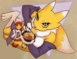 anthro bird's-eye_view chopsticks clothed clothing domination/submission duo female food fox_tail gloves handwear high-angle_view male nipples noodles nude ramen squish thigh_squish topless topless_female foxxj bandai_namco digimon canid canine digimon_(species) fox imp impmon mammal renamon 2025 animated
